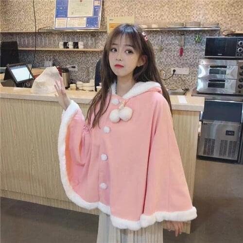 Cute Lolita Cloak Harajuku Hoody Cloak Japanese Pink Christmas Deer Fleece Cape Loose Pullover Batwing Sleeve Hoodie Coat Girls