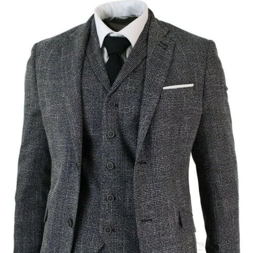 Mens Tailored Fit 3 Piece Grey Black Herringbone Tweed Vintage Retro Formal Suit Prom Suit (Jacket+Pants+Vest)