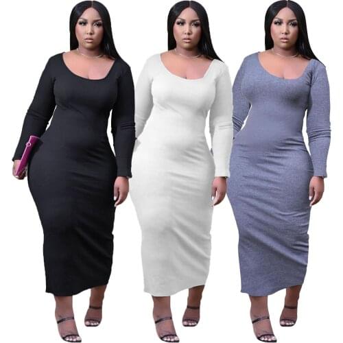 2021 autumn new European and American plus size womens clothing U-neck solid color casual slim sexy plus size dress