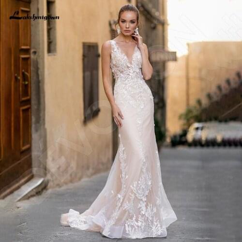 Lakshmigown Silhouette Vikki Trumpet/Mermaid Wedding Dress Beads V Neck Lace Appliques Modern Style Bridal Gown vestido de noiva