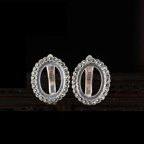 Retro Sterling Silver 925 Oval Cabochon 10x13mm Semi Mount Stud Earrings Setting Fine Jewelry