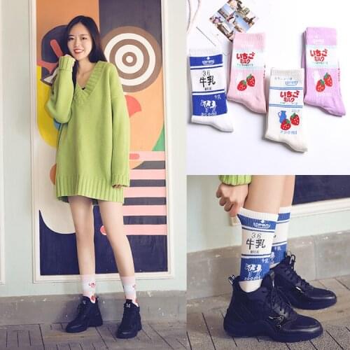 Cute Women Socks Fruit Strawberry Animals Cow Cotton Soft Comfortable Quality Pink Blue Women Female Fashion Tide Socks