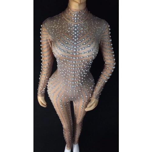 2 Color Fashion Black Nude Pearls Jumpsuit One-piece Stretch Sexy Bodysuit Stage Performance Party Celebrate luxurious Leggings