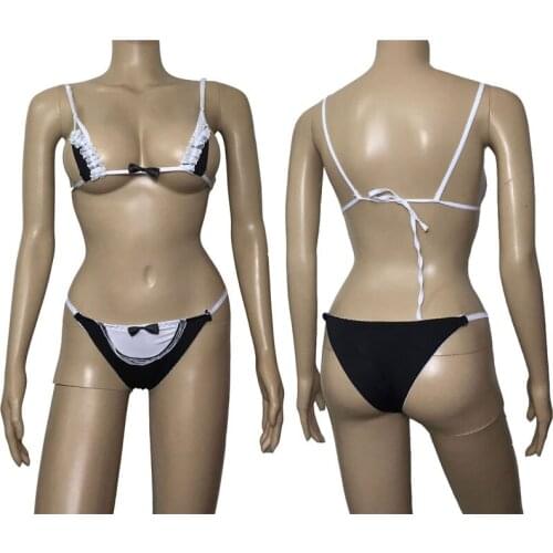 Maid Uniform Bikini Costume Sexy Lingerie Women Thong Micro Bra Top Panties Lady Microkini Erotic Underwear Set For Woman