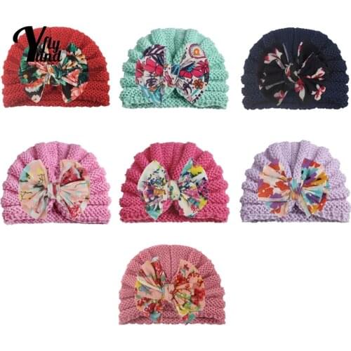 Yundfly Vintage Print Bowknot Newborn Hats Fashion Striped Knitting Wool Baby Caps Kids Accessories Infant Headwear Photo Props