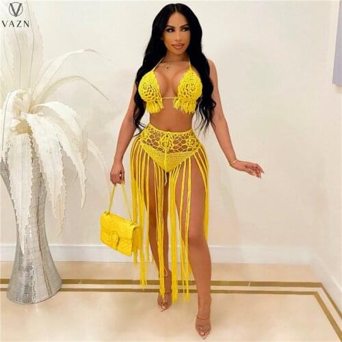 VAZN 2021 Autumn Open Solid Tassel Knit Beach Dress Set Sweet Solid Sexy Young Maxi Skirts High Waist Skinny Women 2 Piece Set