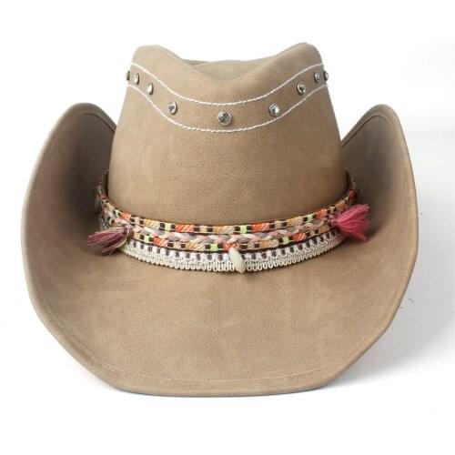Womens Mens Unisexs Vintage Wide Brim Leather Cowboy Cowgirl Western Hat Tassel Braid Leather Band