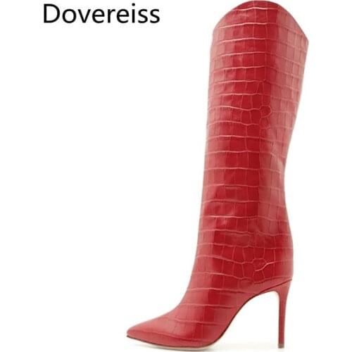 Dovereiss Fashion Womens Shoes Winter new Stilettos Heels red Pointed toe Elegant Knee high boots Concise Mature 33-48