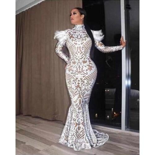 White Feather Shoulder Rhinestone Long Train Dress Women Evening Costume Prom Celebrate Big Tail Dresses Women Party Wear Dress