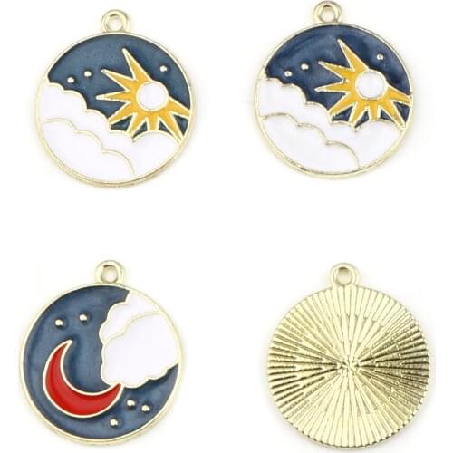 Fashion Galaxy Charms Round Gold Color Metal Multicolor Sun Moon Enamel Pendants DIY Making Necklace Jewelry 25mm x 22mm,10PCs
