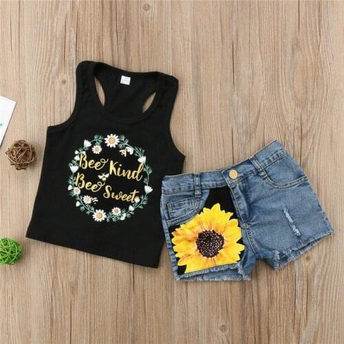 2020 Fashion New Summer Kid Baby Girls Cotton Sleeveless Tops T-shirt Floral Print Denim Shorts Outfit Clothes Set 1-6Y