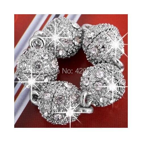 50pcs/Lot Silver Tone Round Ball Rhinestone Magnetic Clasp 10mm CHIC