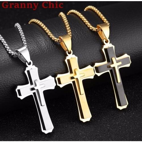 Granny Chic New Fashion 316L Stainless Steel Chain 3 Layer Knight Cross Silver Gold Black Color Mens Necklace Pendant Jewelry