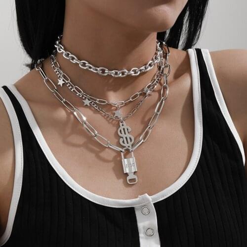 Punk Big Cuban Chain Mutilayer Lock Pendant Star Tassel Necklaces & Pendants Maxi Statement Charm Choker Necklace for Women Gift