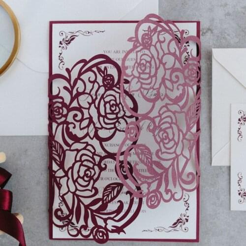 Blooming In Burgundy - Unique And Formal Invitation With Burgundy Rose Laser Cut Wrap