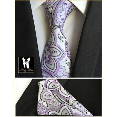 Tie Top Designer 8cm Men Formal Necktie SET with Handkerchief Luxury Purple Paisley Ties Pocket Square for Festival