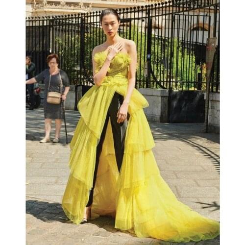High Street Yellow Ruffles Tulle Long Dresses Women 2020 Off The Shoulder Custom Made Summer Dress To Party