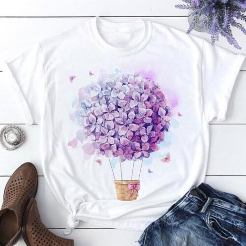 T Shirt Women Summer Clothes Print Floral Flower Hot Air Balloon Sweet Short Sleeve Print Women Tshirt Female T-shirt Casual Tee