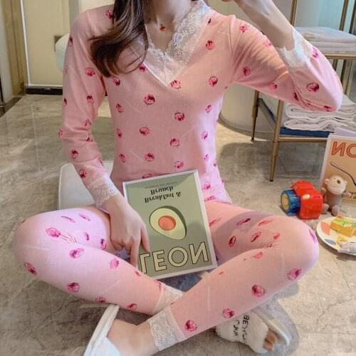 2020 Spring Autumn Lace V-neck Thermal Underwear Sets for Women Long Sleeve Print Thick Warm Body Shaper Pajamas Sleepwear Suits