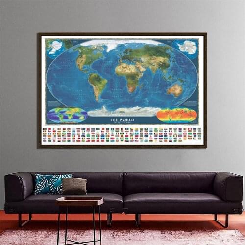 150x225cm The World Satellite Map With Surface Temperature And Biosphere Non-woven World Map With National Flags
