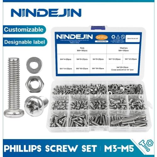 NINDEJIN 541/721pcs Cross Recessed Round Head M3 M4 M5 Screw Set Nut Washer Stainless Steel Phillips Machine Screw Assorted Kit