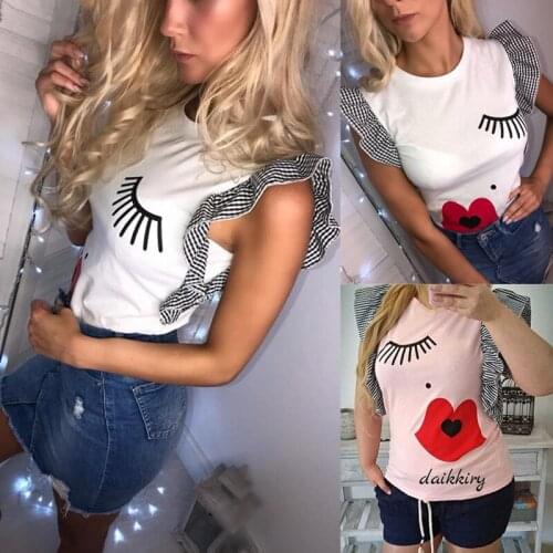 New 2019 Summer Fashion graphic tees women print lip eye eyelash round collar female plus size T-shirt streetwear ONY002