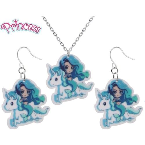 2019 New Fashion Girls Kids Gift Jewelry Cute Mermaid Unicorn Earring Pendant Short Chain Necklace Xmas Gift Wholesale KS85