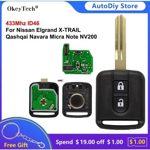 Okeytech 2 Button ASK 433Mhz ID46 PCF7946 Remote Control Car Key Fob For Nissan Elgrand X-TRAIL Qashqai Navara Micra Note NV200