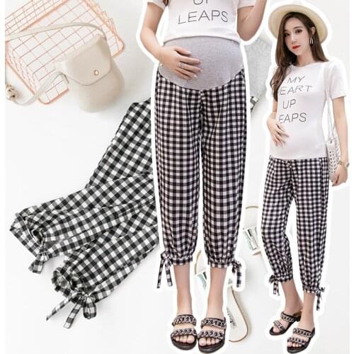 Casual Maternity Pants Black White Plaid Cool Clothes For Pregnant Womens High Waist Tummy Support Waist Belt Trousers Bloomers