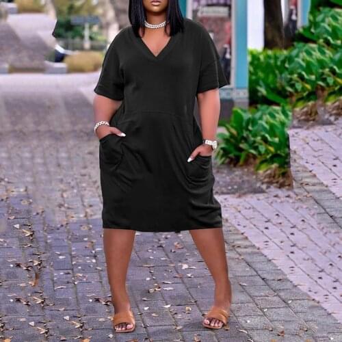 Plus Size Dress Womens Solid Casual V-neck Short Sleeve Strap Open Back Sexy Loose Big Size Ladies Harajuku Summer Party Dress