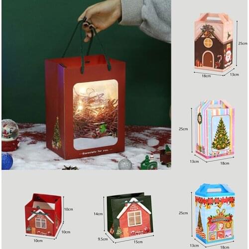 Christmas Gift Packaging Bag Creative Red Santa Claus House Partten Hand Box With Clear Window Candy Tote Bags Fo Xmas Eve Decor