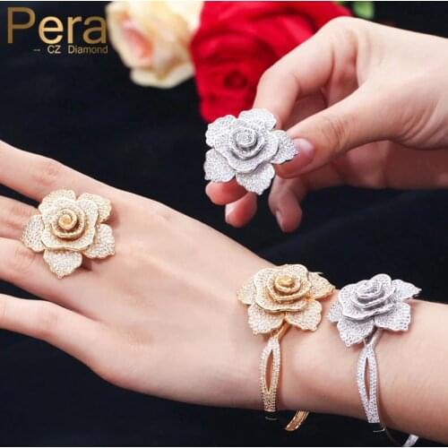Pera High Quality AAA+ Cubic Zirconia Mirco Pave Sparkling Big Flower Shape Bangles And Rings Jewelry Sets For Lover Gift Z017