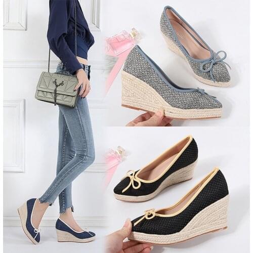 French Espadrilles Fragrant High-heeled Shoes Womens Slope Sandals Autumn 2021 New Ladies Temperament Bow Pointed Shoes Women