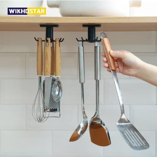 WIKHOSTAR Kitchen Organizer Rotatable Hook Rack Wall Mounted Kitchenware Storage Rack Cabinet Organizer Kitchen Accessories