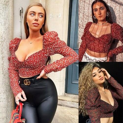 Women Blouse Sexy Polka Dot Long Puff Sleeve Floral Printed V-Neck Backless Skinny Slim Shirt Spring Summer Autumn Casual Tops