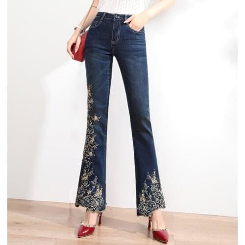 FERZIGE New Luxury Beading Embroidery High Waist Flare Pants Women Stretch Slim Fit Jeans Female Casual Mom Trousers Plus Size