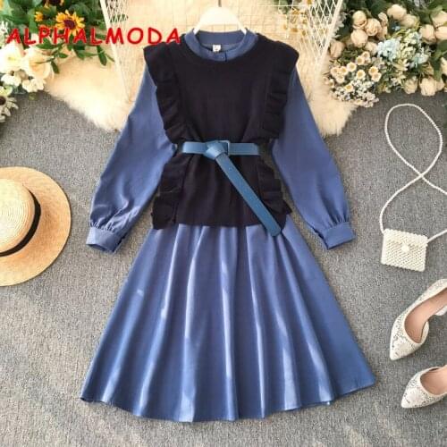 ALPHALMODA Fashion Belted Vest + Long-sleeved Dress 2pcs Set Single Breasted Shirt Dress Knit Tank Top Women Casual Autumn Set