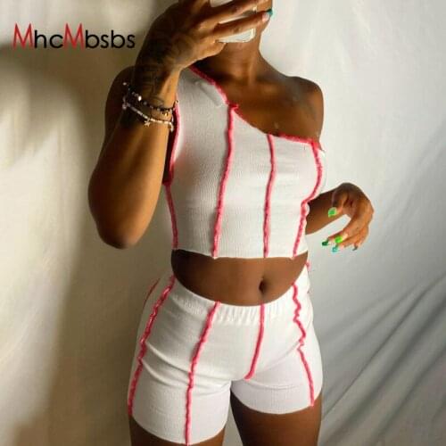Two Piece Set Patchwork Stripe One-Shoulder Sleeveless T-Shirt Women Pullover Tops+Legging Shorts Outfits 2021 Summer Sportywear