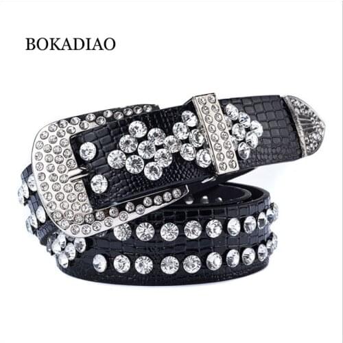 BOKADIAO Women belt punk Pin buckle Vintage Rhinestone Rivets luxury ladys original leather belts for women jeans female belt