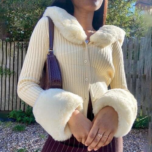 Sexy Faux Fur Collar Knitted Tshirts Slim Single-Breasted Button Long Sleeve Women Autumn Winter Top Fashion Influencer Tshirts