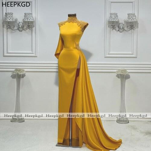 Custom Made Long Gold 2021 Evening Dress High Slit Beads Satin Long Sleeve Sexy Black Women Party Formal Evening Gowns