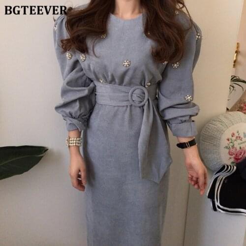 BGTEEVER 2020 Spring New Elegant Fashion O-neck Beading Women Dress Puff Sleeve High Waist Sashes Female Long Dress Vestidos