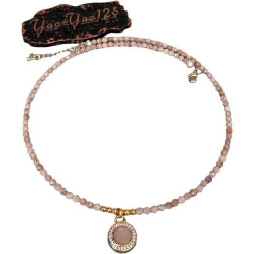 Natural Genuine Pink Rhodochrosite faceted round Sunstone Charm Choker Necklace 17" Delicated Handmade for women