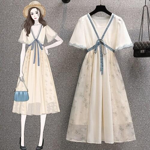 Large Size Womens Lace V-NECK Dresses Women Summer New Sweet Thin Fashion Foreign Style Age Improved Hanfu Vestido Dresses