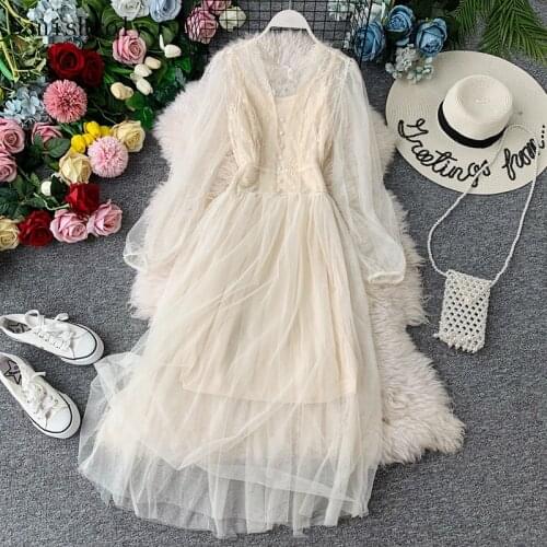 Lantern Sleeve Mesh Dress 2021 Two Pieces Elegant Women V Neck Button Lace Dresses Lady Long Pleated Sweet fairy Party Vestidos