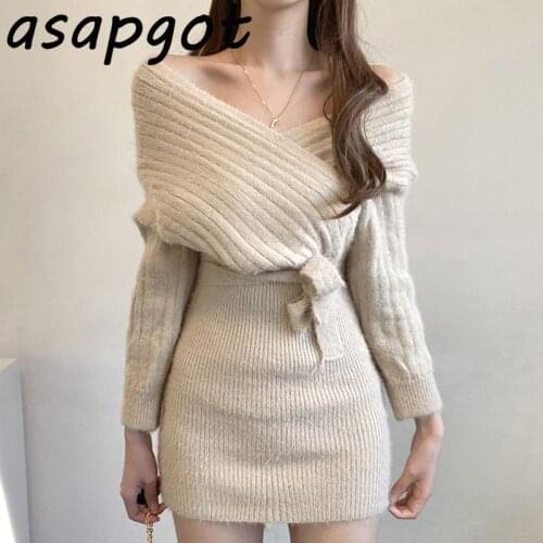 Chic Elegant Slim Cross V-neck Lace Up Waist Knitted Dress Wrap Hip Sweater Dress Short Casual Vintage Wild Autumn 2021 Solid