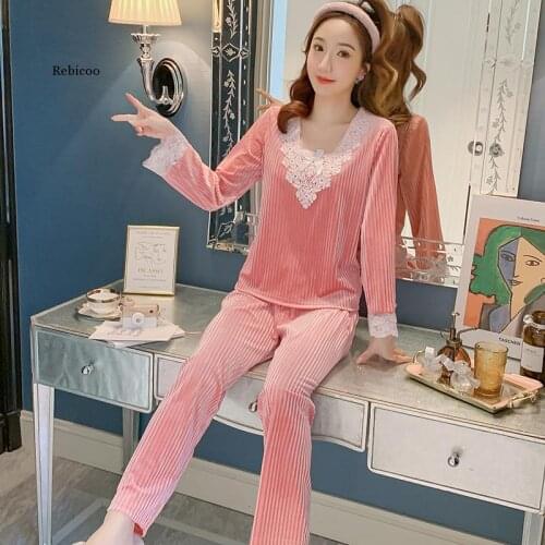 Winter Long Sleeved Warm Flannel Pajamas Sets for Women Lace Thicken Sleepwear Pyjamas Plus Size homewear Suit M-2XL Nightwear
