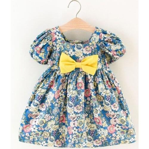 2021 Girls' Dress Summer Childrens Dress New Bubble Sleeve Bowknot Retro Style Floral Princess Dress Flower Girl Dresses 0-6Y
