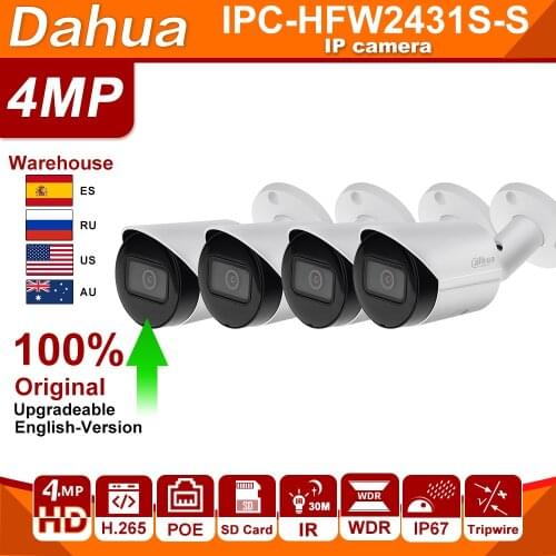 Dahua Original Starlight IP camera 4MP IPC-HFW2431S-S 4MP POE SD Card H.265 IP67 IK10 IR Mini Bullet Camera 4pcs/lot