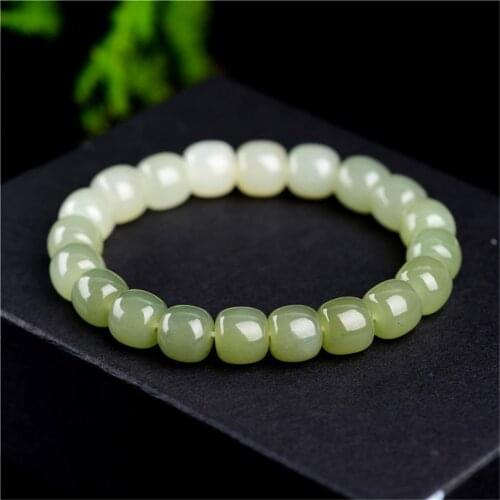 Grade AA Natural Hetian Jade Beaded Bracelet White-Green Jade Beads Bangle Stretch Charm Jewelry Bracelet Prayer Bracelet BR029